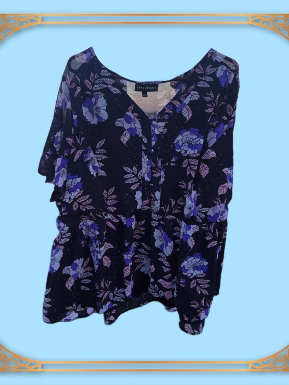 Lane Bryant Black Floral Peplum Top with Purple Blooms
